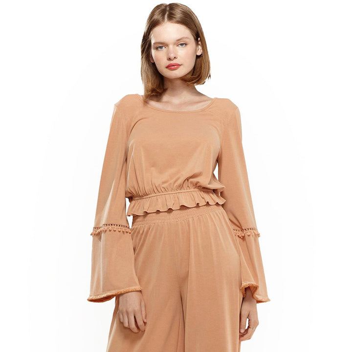 Women's Fringe Cuff Bell Sleeve Top in Apricot by Shop at Konus