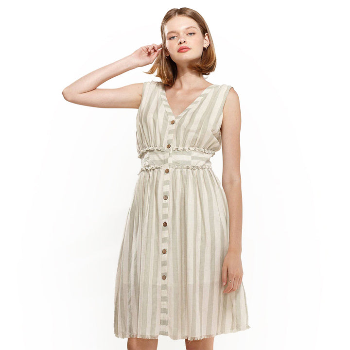 Women's Sleeveless Button Down Stripe Dress in Sage by Shop at Konus