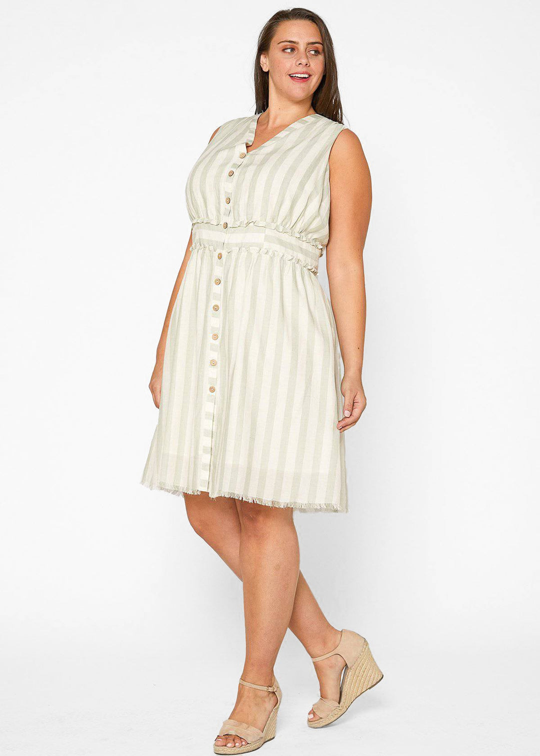 Plus Size Sleeveless Button Down Stripe Dress in Sage by Shop at Konus