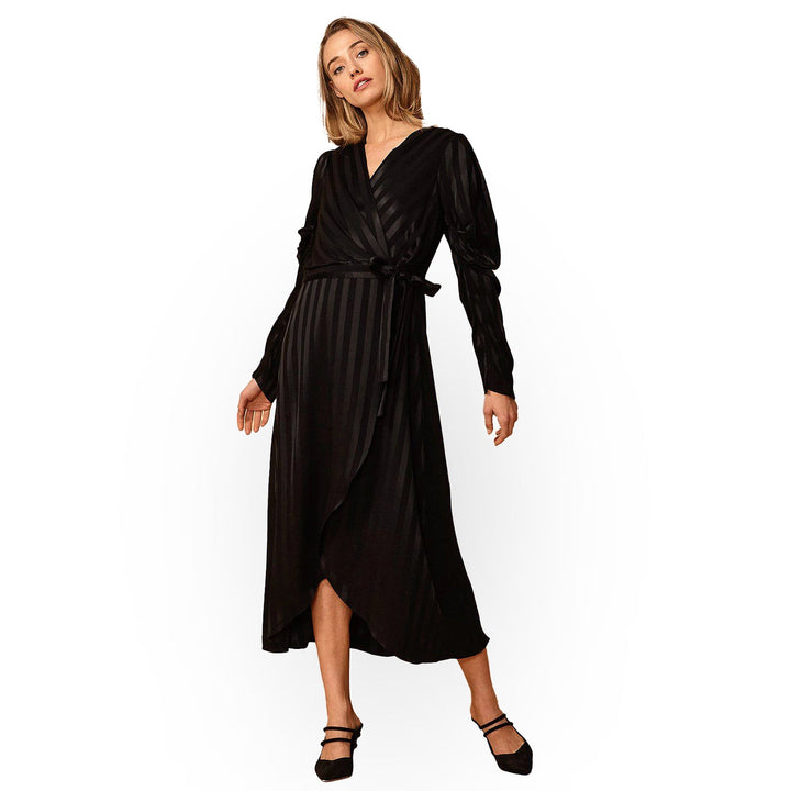 Women's Puffy Shoulder Dress in Black Stripe