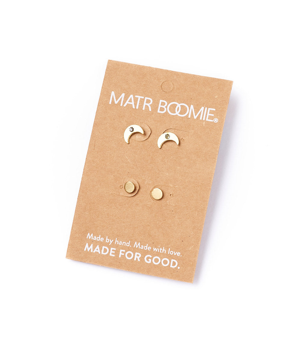 Ruchi Crescent Moon Tiny Dot Gold Stud Earrings Set of 2 by Matr Boomie