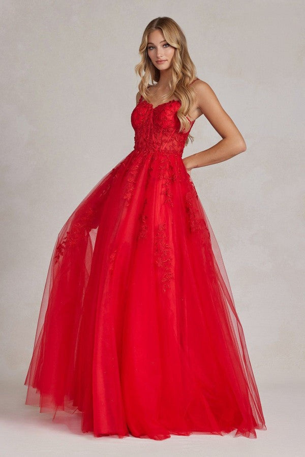 A-Line Embroidered Bodice Sweetheart Open Back Long Prom Dress NXT1082