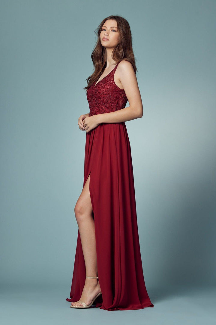 Embroidered Bodice Illusion V-Neck Side Slit Long Bridesmaid Dress NXY299