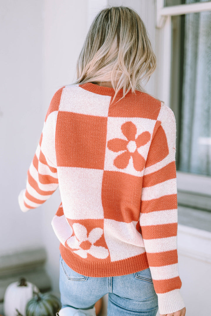 Checkered Floral Striped Sleeve Sweater by Poppy Lee Lane