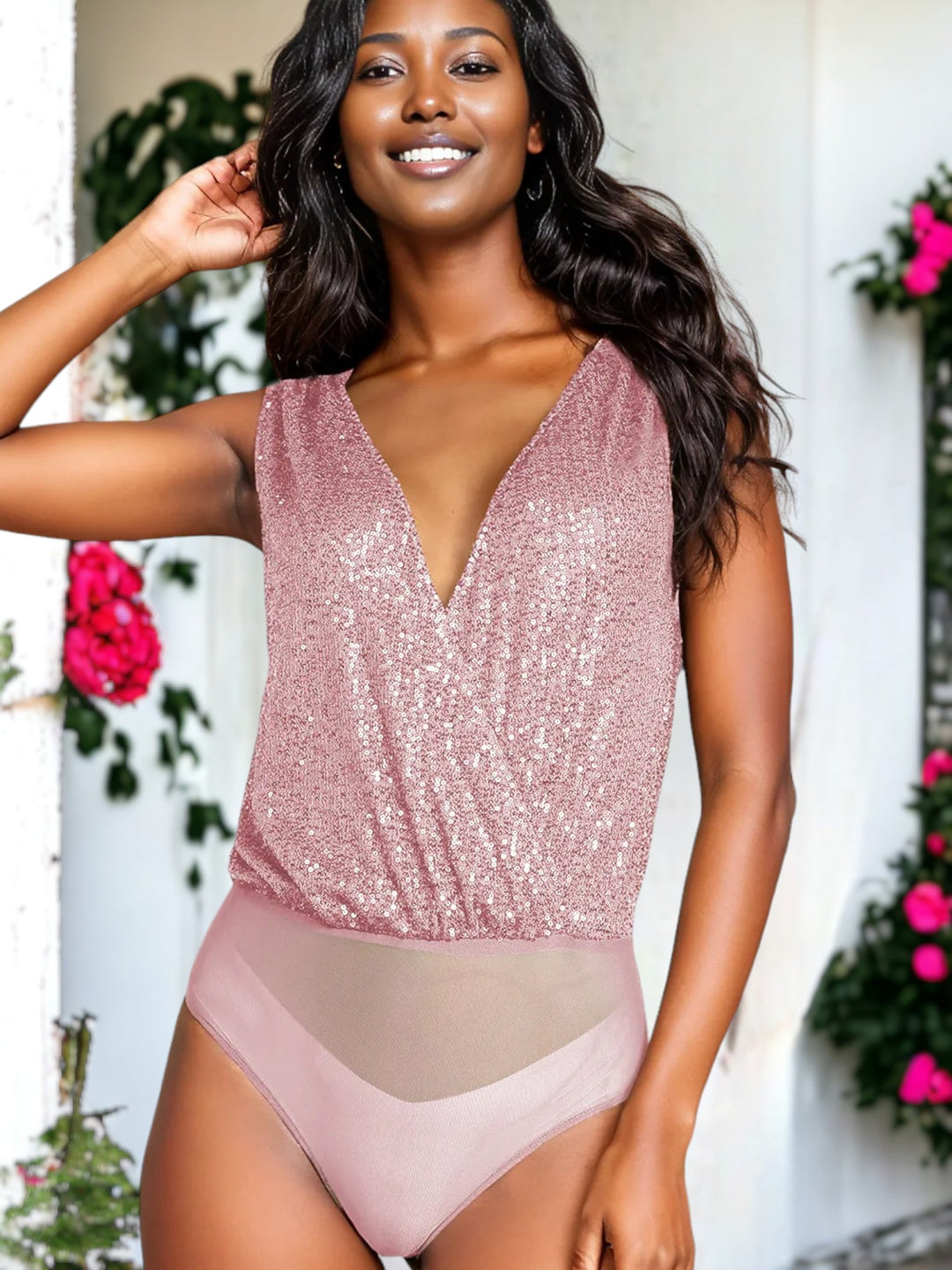 Cowl Back V-Neck Sleeveless Sequin Bodysuit