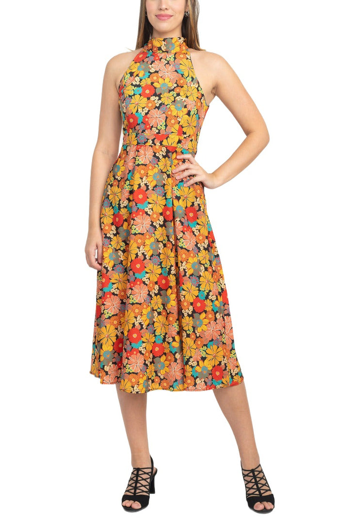 Tahari ASL Halter Tie Neck Sleeveless Zipper Back Floral Print Fit & Flare Satin Dress (Sizes 12 & 14)