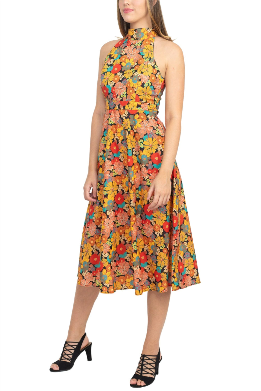 Tahari ASL Halter Tie Neck Sleeveless Zipper Back Floral Print Fit & Flare Satin Dress (Sizes 12 & 14)