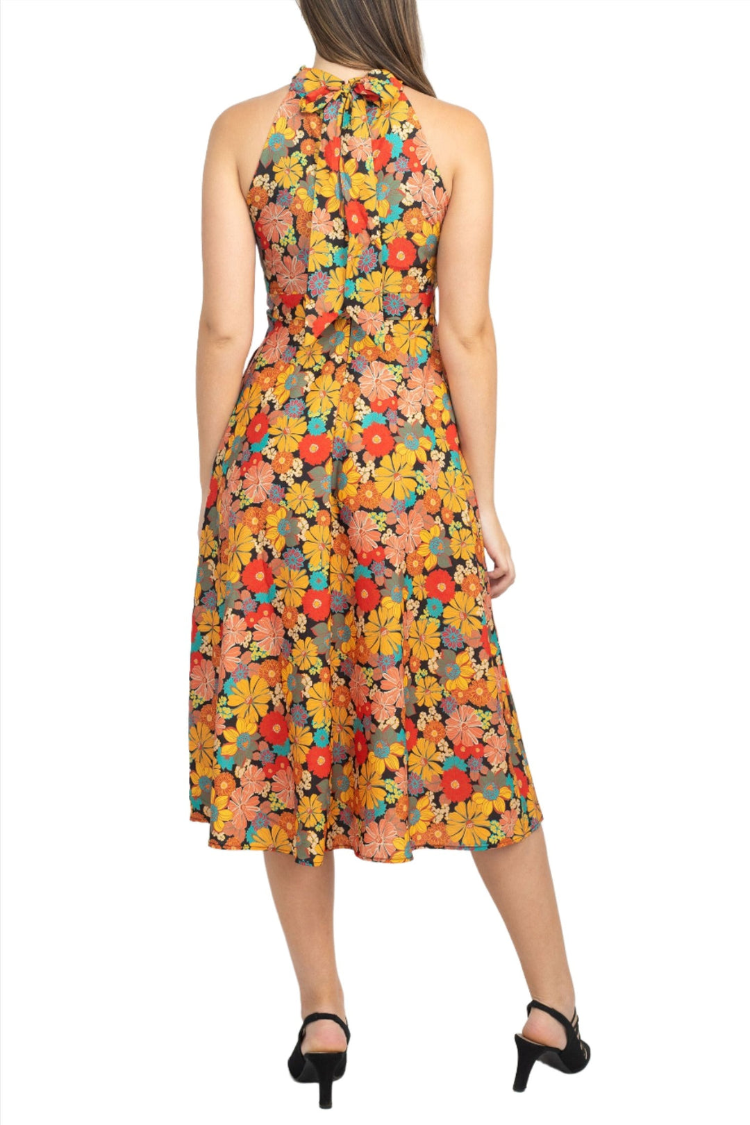 Tahari ASL Halter Tie Neck Sleeveless Zipper Back Floral Print Fit & Flare Satin Dress (Sizes 12 & 14)