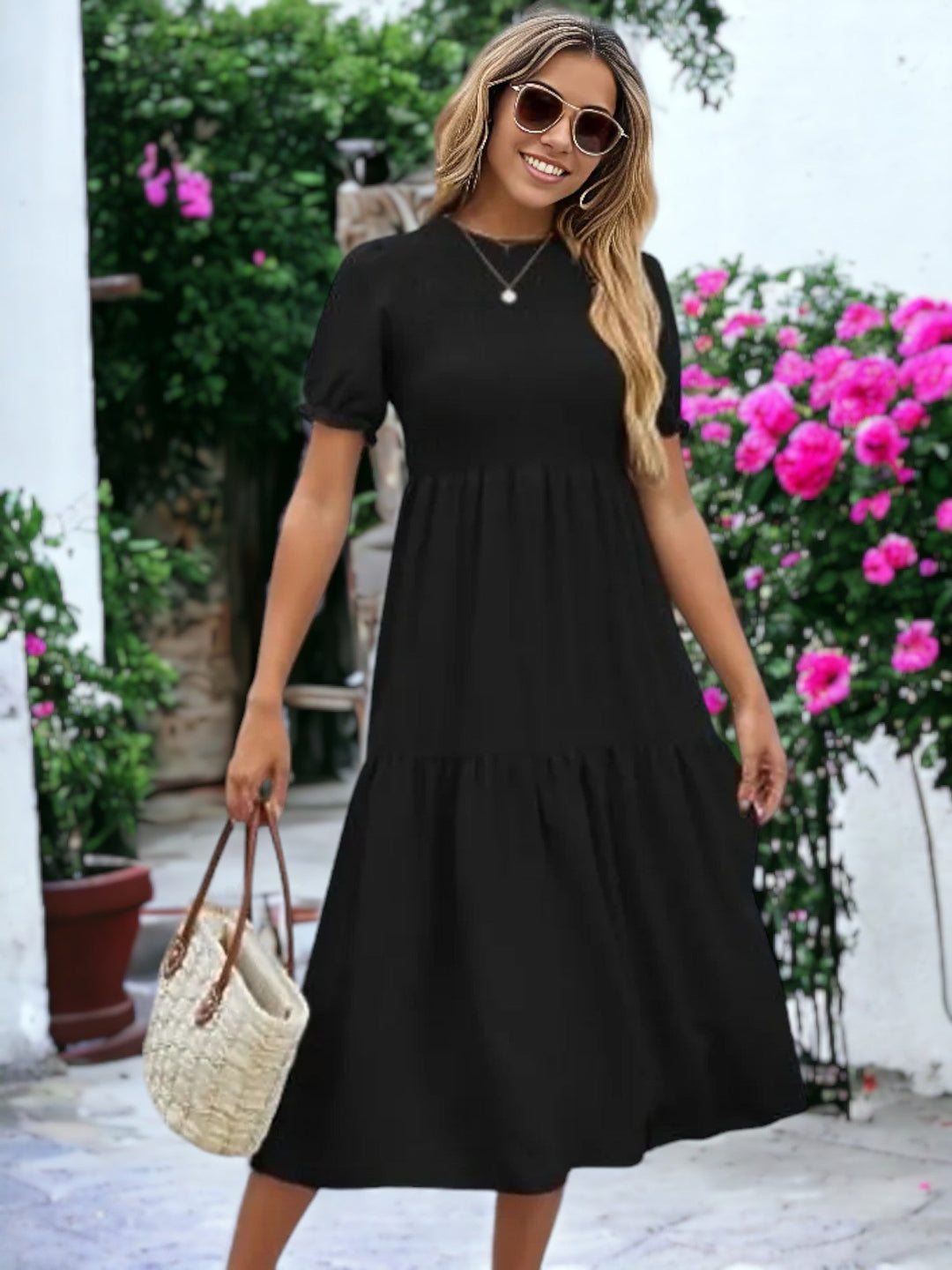 Round Neck Smocked Short-Sleeved Dress