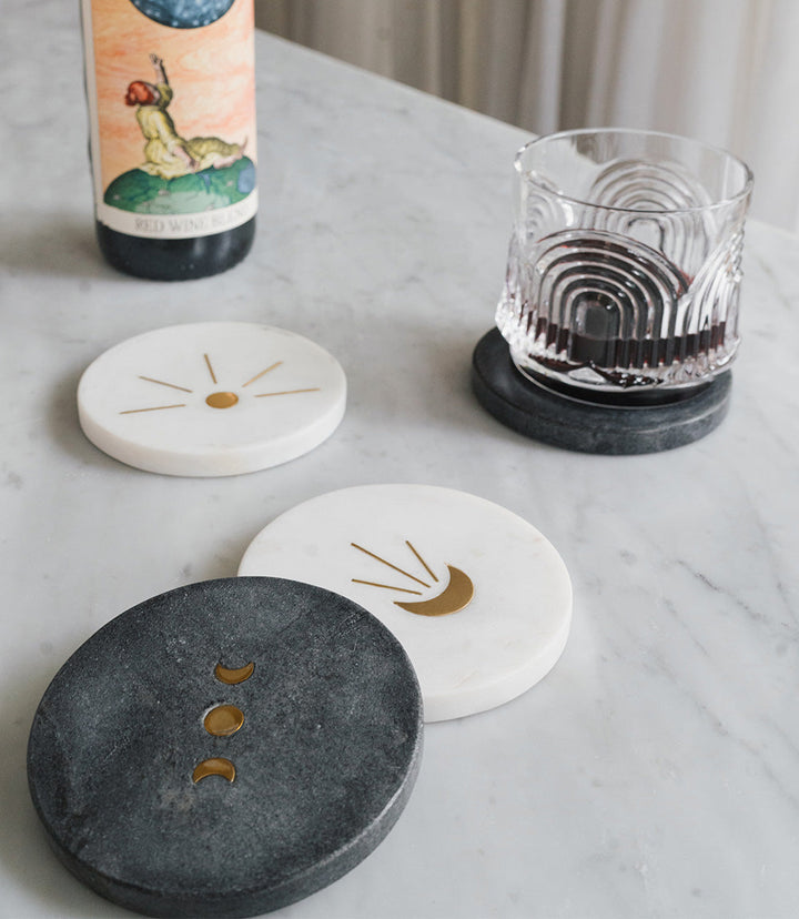 Indukala Moon Phase Marble Coasters - Black, White, Set of 4 by Matr Boomie