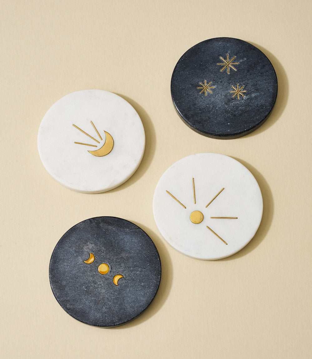 Indukala Moon Phase Marble Coasters - Black, White, Set of 4 by Matr Boomie