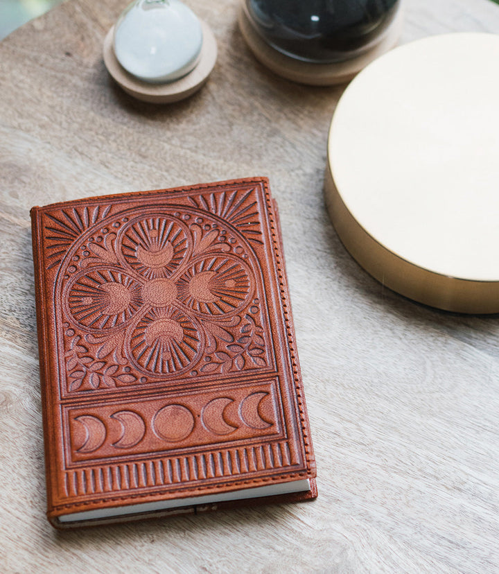 Embossed Brown Leather Moon Phase 5x7 Journal - Refillable Cruelty-Free by Matr Boomie