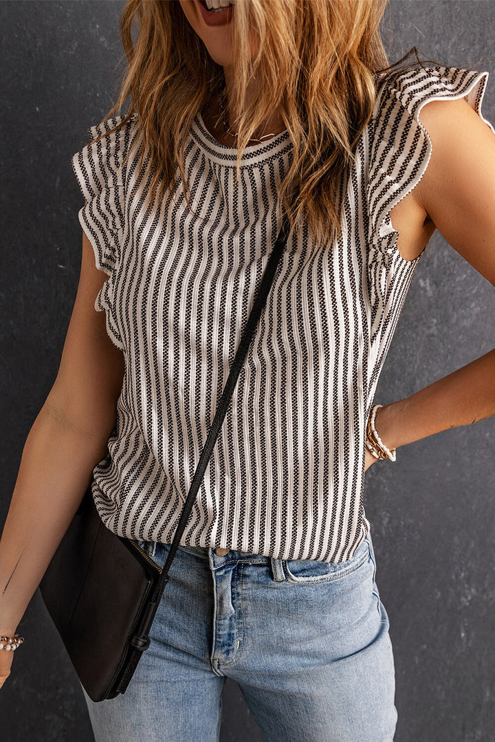 Crew Neck Ruffled Striped Tank Top by Poppy Lee Lane