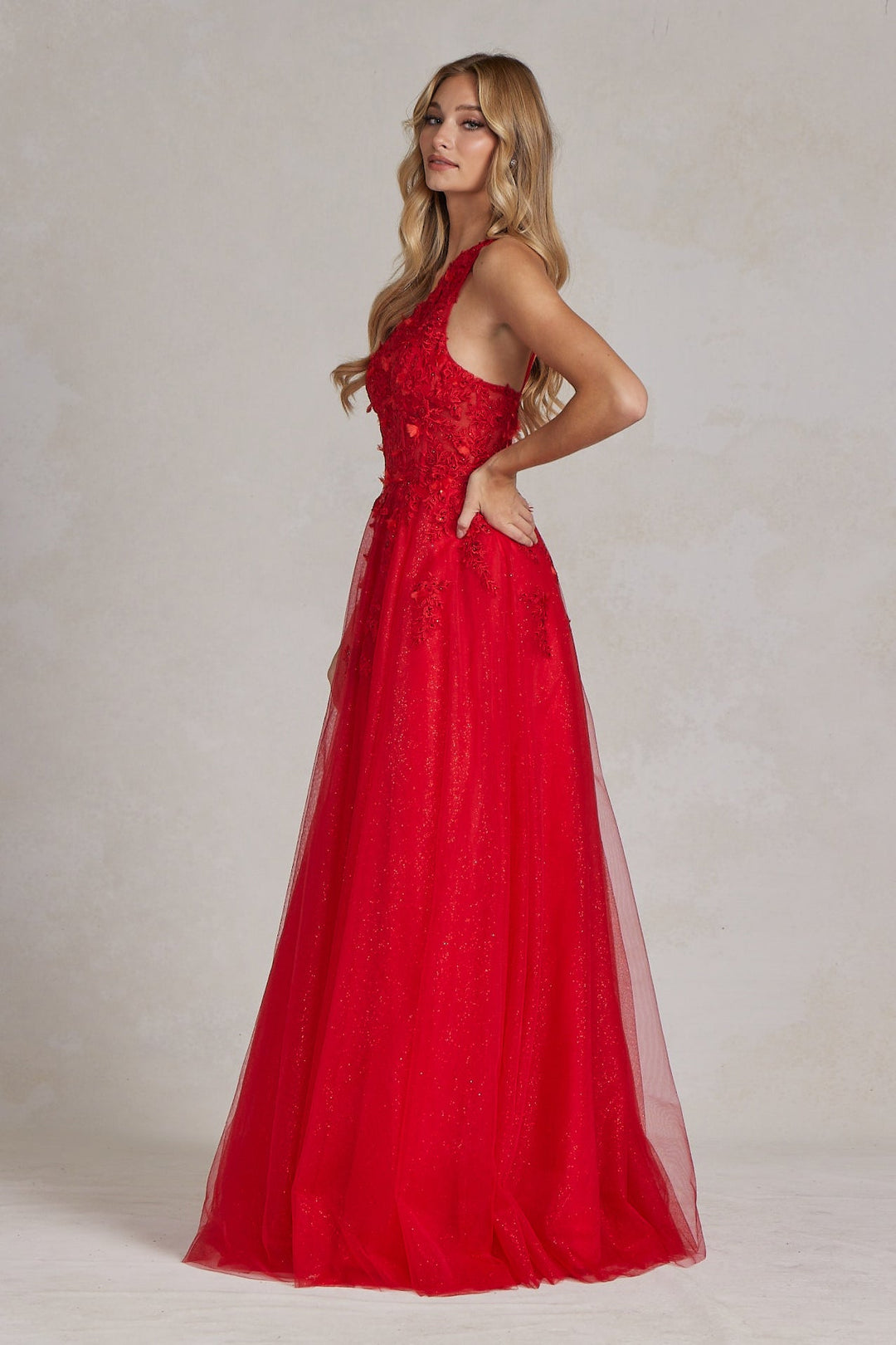 A-Line Embroidered Bodice Halter Open Back Long Prom Dress NXT1143