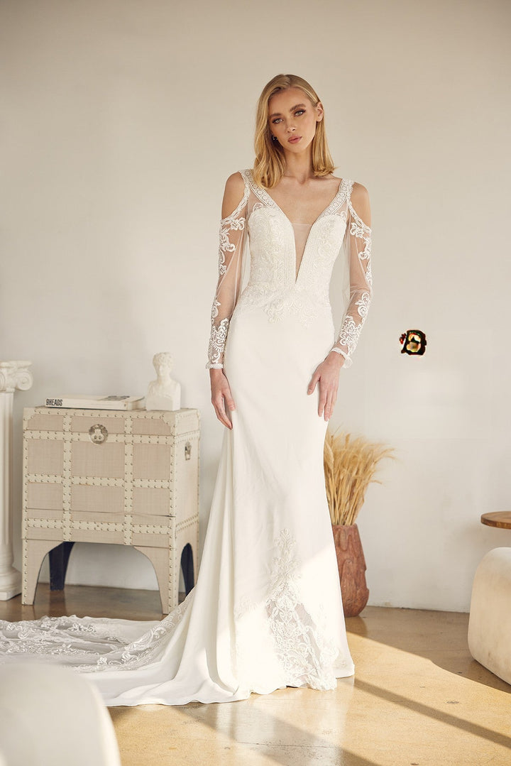 Embroidered Lace Illusion V-Neck Long Wedding Dress NXJE916