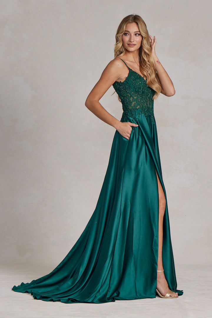 Embroidered Lace Bodice Open V-Back Satin Skirt Long Prom Dress NXK1121