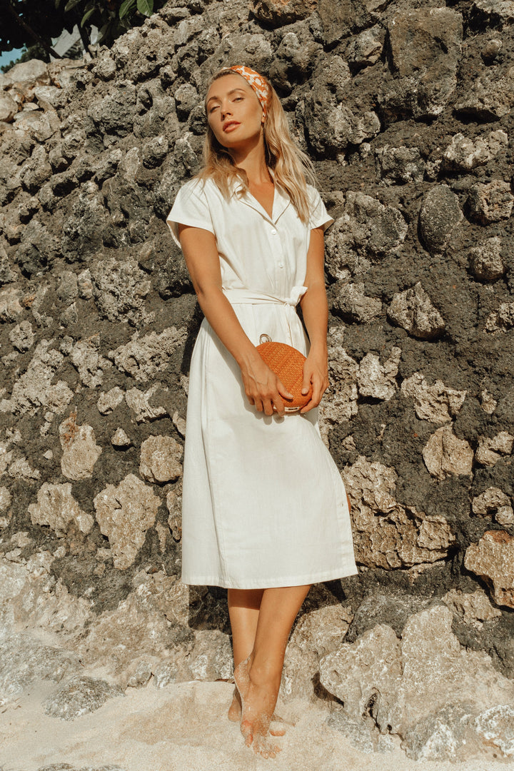 ARYA Safari Linen Midi Dress In Off White by BrunnaCo