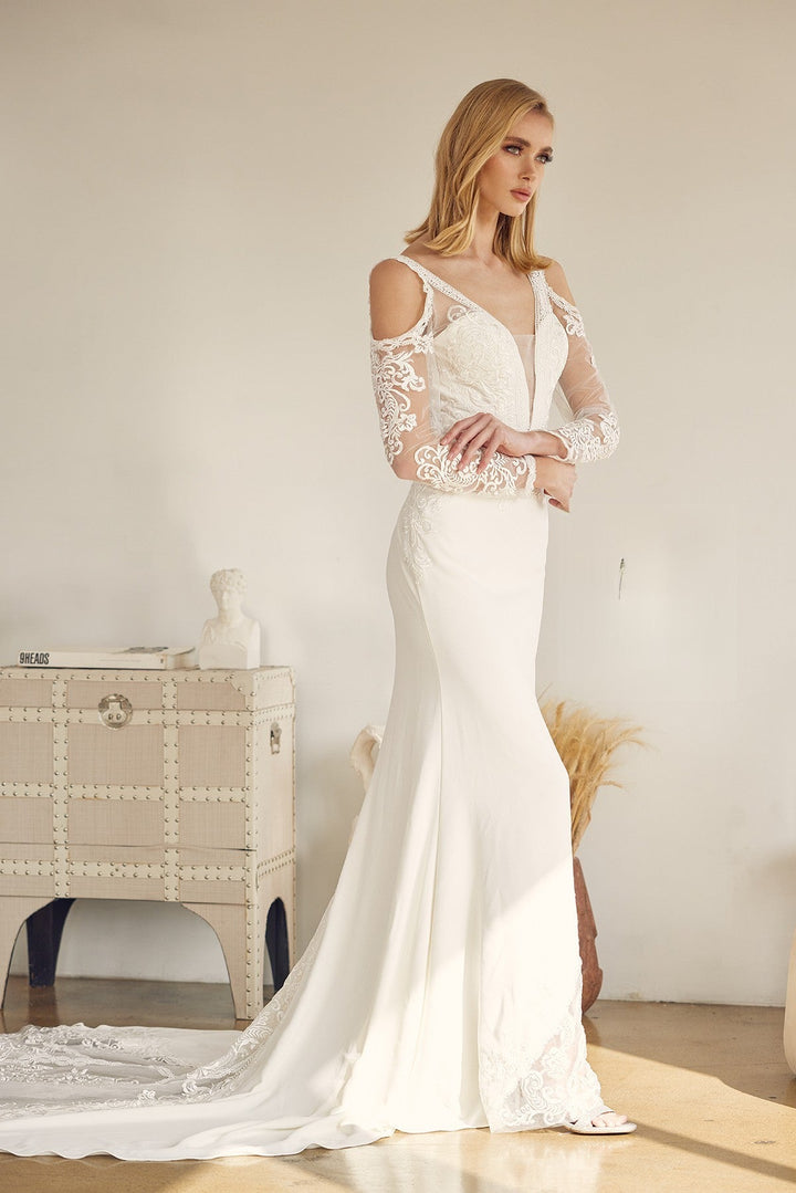 Embroidered Lace Illusion V-Neck Long Wedding Dress NXJE916