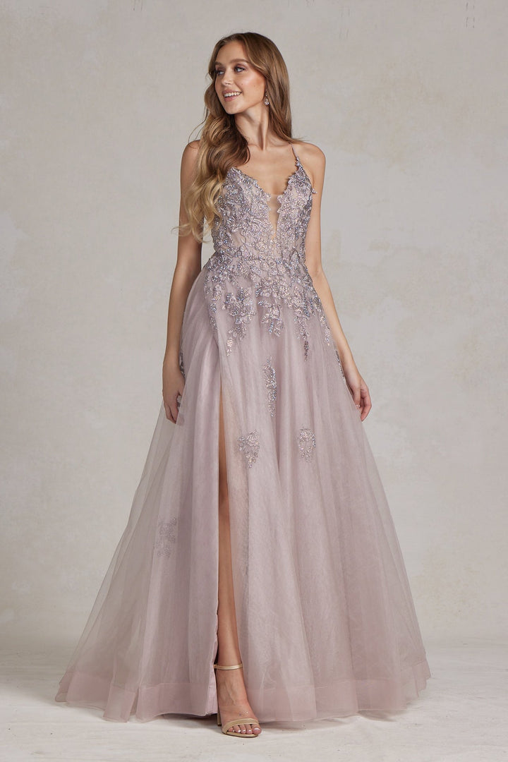 A-Line Tulle Skirt Embroidered Lace Long Prom Dress NXG1149