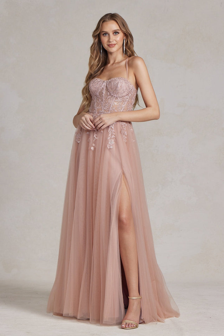 Embroidered Bodice Side Slit Tulle Skirt Long Prom Dress NXJ1089