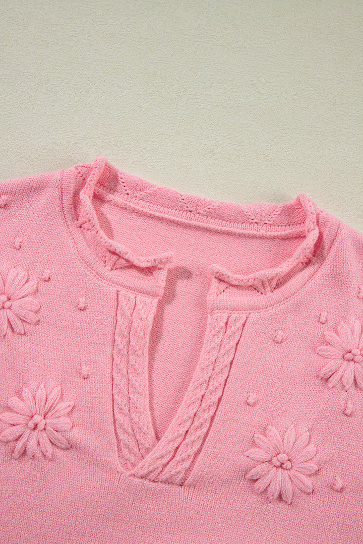 Flower Detail Knitted Notched Neck Sweater by Poppy Lee Lane