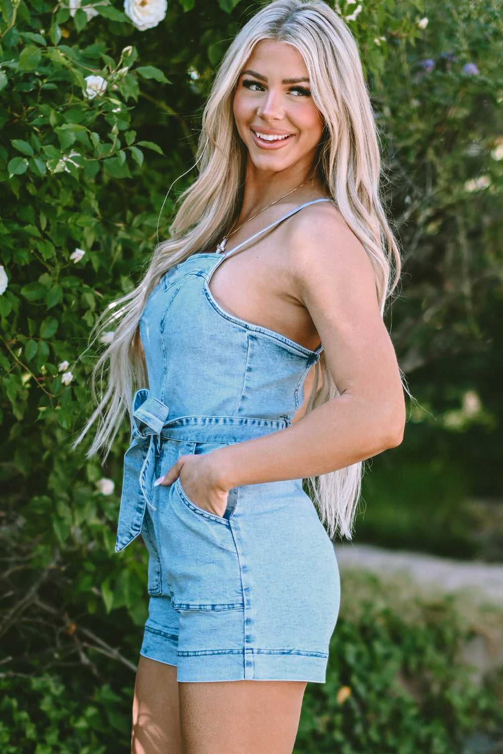 Spaghetti Straps Belted Denim Romper by Poppy Lee Lane