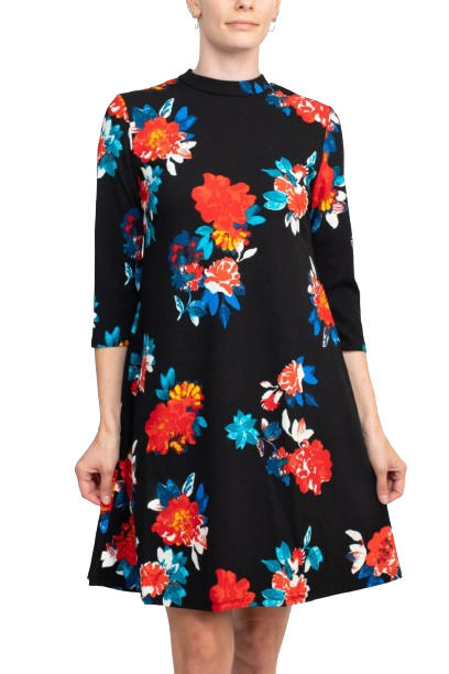 Danillo Crew Neck 3/4 Sleeve A-Line Zipper Back Floral Print Crepe Dress