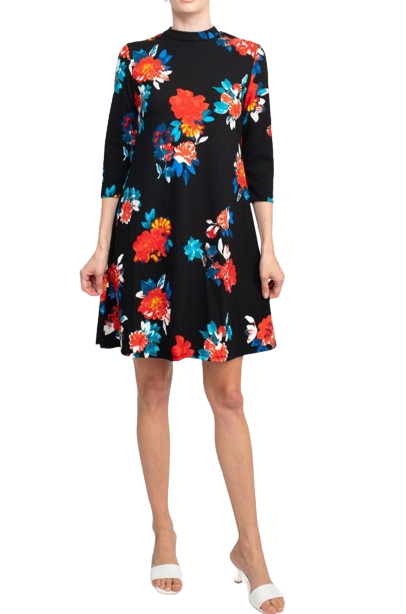 Danillo Crew Neck 3/4 Sleeve A-Line Zipper Back Floral Print Crepe Dress