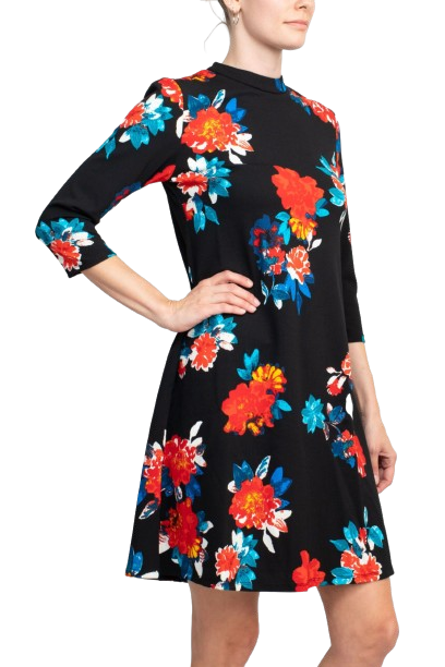 Danillo Crew Neck 3/4 Sleeve A-Line Zipper Back Floral Print Crepe Dress