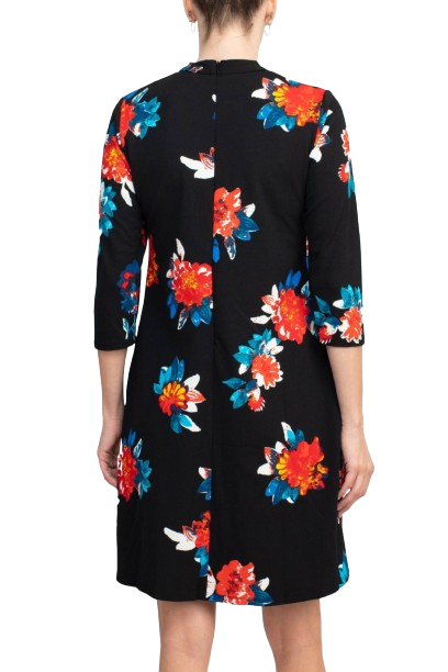 Danillo Crew Neck 3/4 Sleeve A-Line Zipper Back Floral Print Crepe Dress