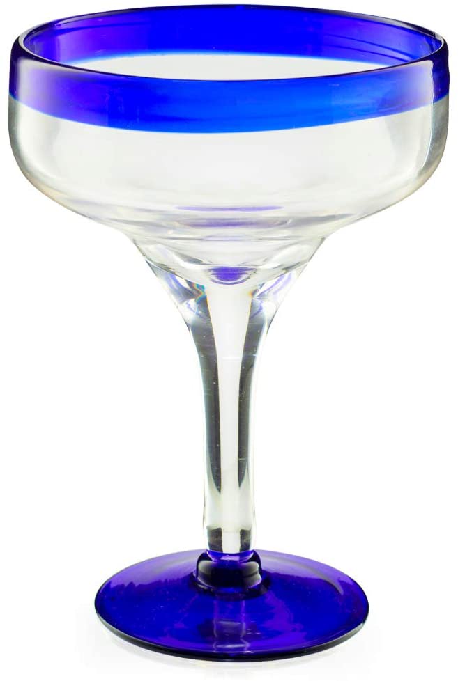 Mexican Hand Blown Glass – Set of 4 Large 16oz, Cobalt Blue Rim Line, Luxury Margarita & Cocktail Glasses, Mexico Design Large 16oz Cobalt Cinco de Mayo - The Wine Savant, Dishwasher Safe Glassware by The Wine Savant