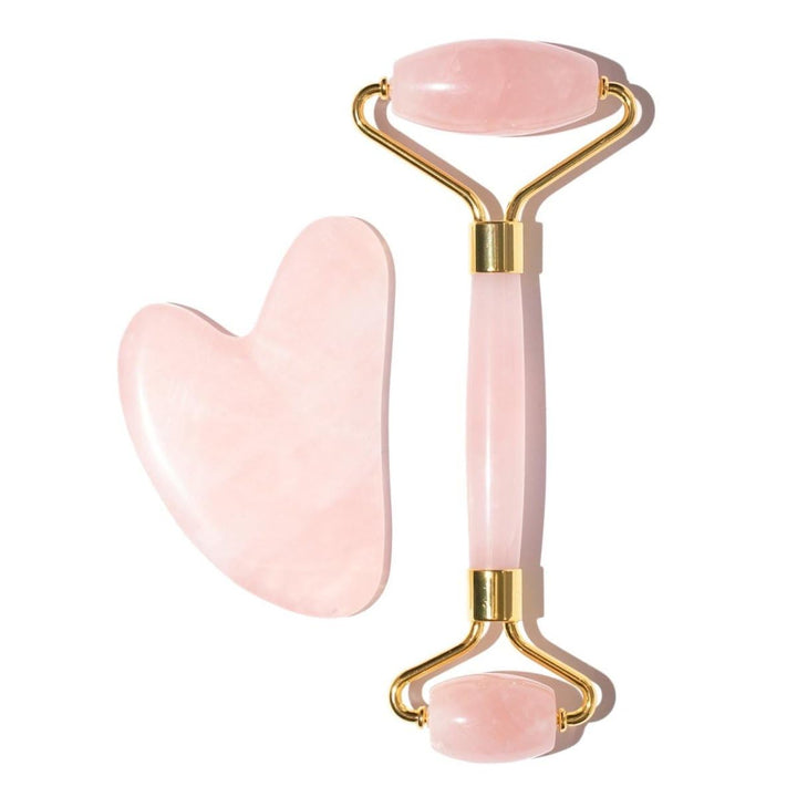 Roller & Gua Sha Set - Genuine Rose Quartz Facial Tools for Radiant Skin, Drain & Sculpt by CHADO Cosmetics