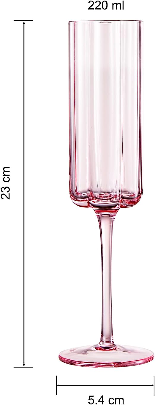 Flower Vintage Champagne Flute Glassware - Set of 2 - 7.4 oz Colorful Cocktail, Martini & Champagne Glasses, Prosecco, Mimosa Glasses Set, Cocktail Glass, Bar Glassware Luster Glasses 9" X 2" (Pink) by The Wine Savant