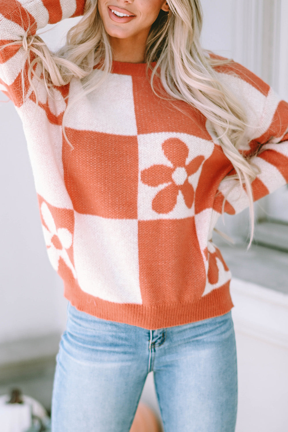 Checkered Floral Striped Sleeve Sweater by Poppy Lee Lane