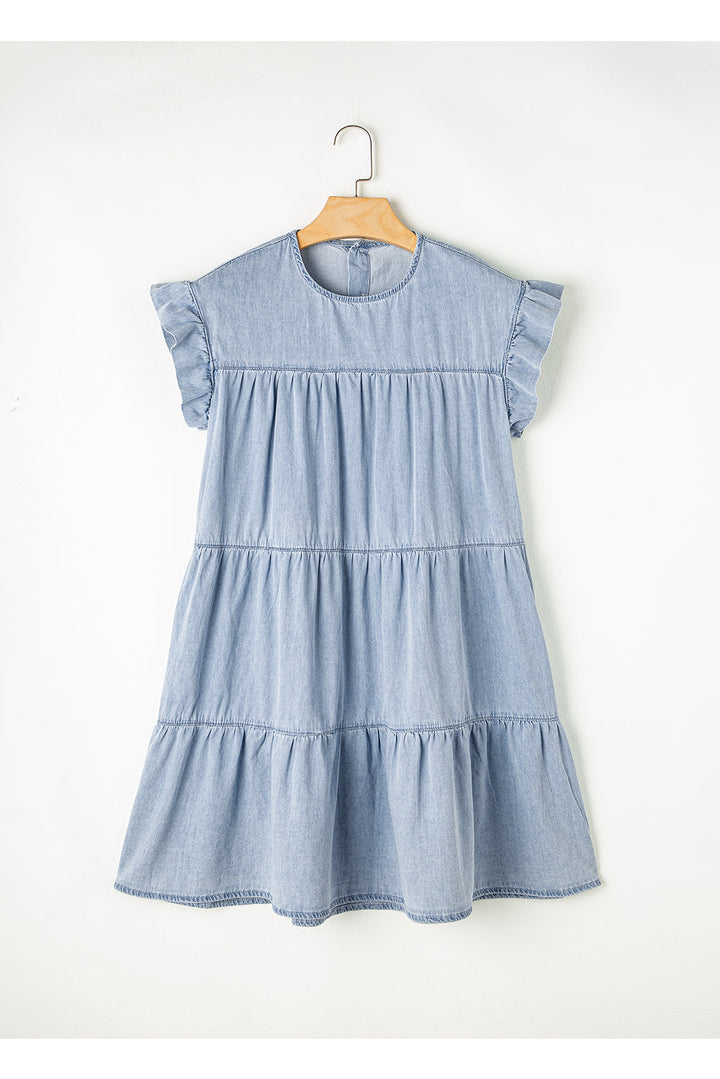 Ruffle Short Sleeve Tiered A-line Denim Dress by Poppy Lee Lane