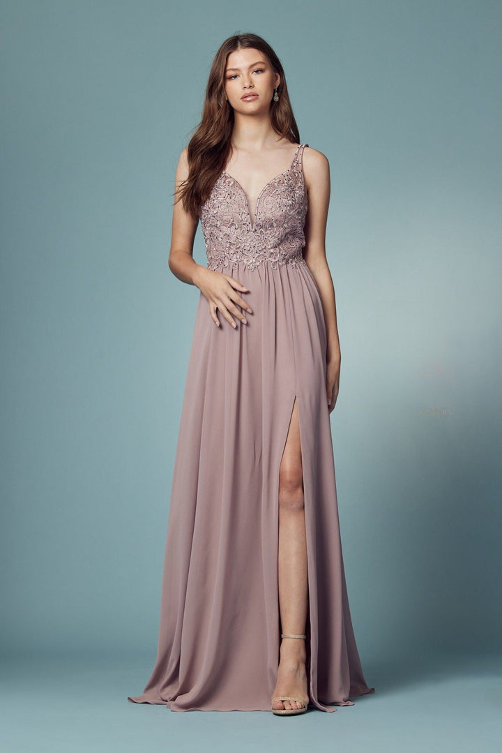 Embroidered Bodice Illusion V-Neck Side Slit Long Bridesmaid Dress NXY299