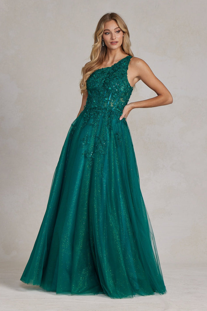 A-Line Embroidered Bodice Halter Open Back Long Prom Dress NXT1143