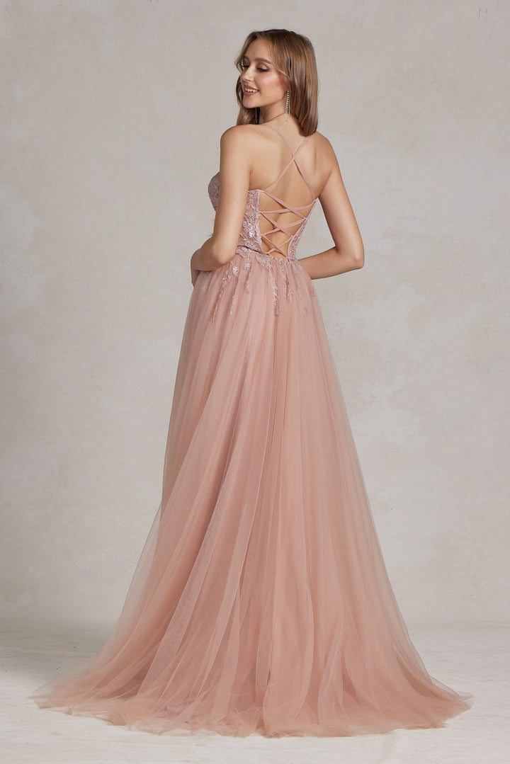 Embroidered Bodice Side Slit Tulle Skirt Long Prom Dress NXJ1089