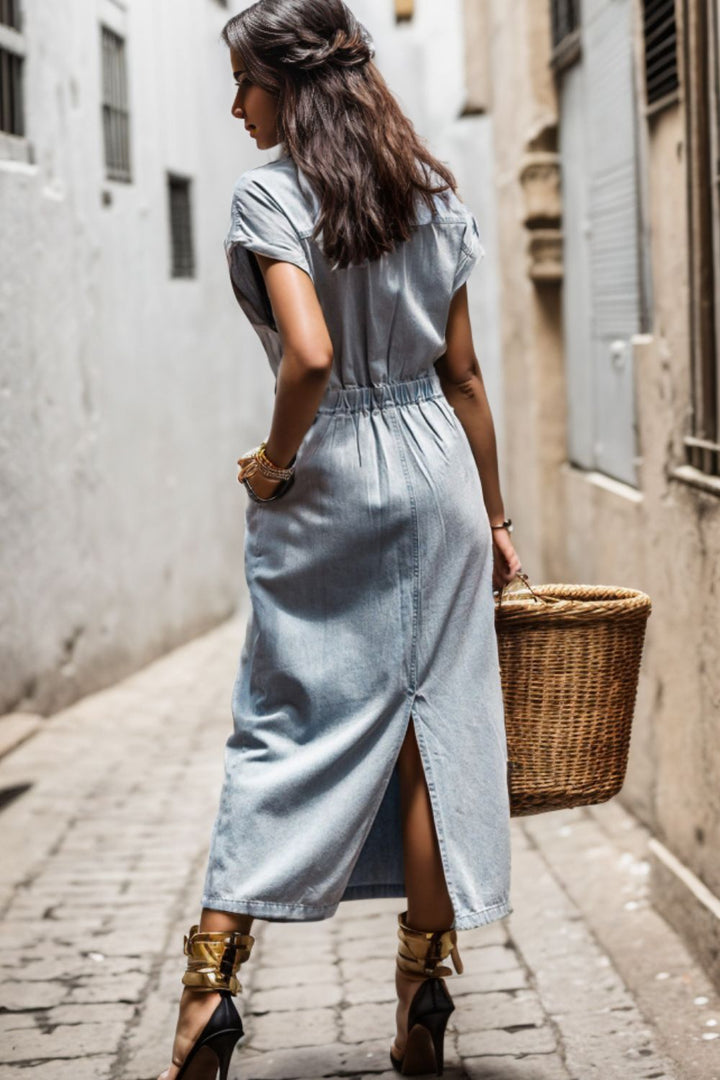 Slit Pocketed Half Button Denim Dress by BlakWardrob