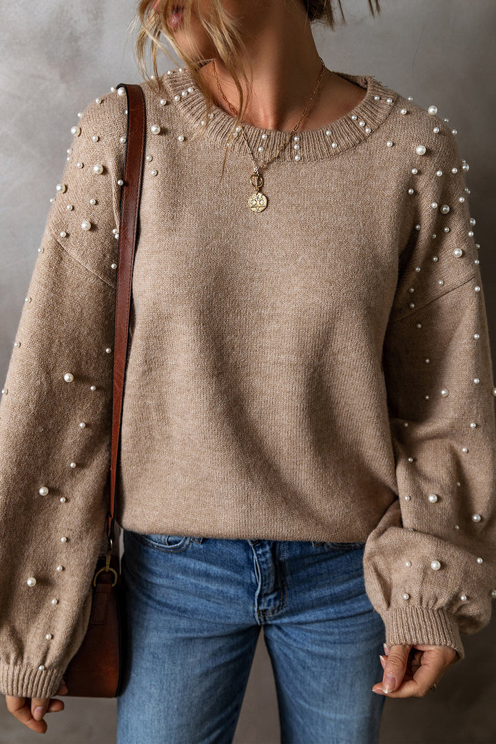 Pearled Drop Shoulder Round Neck Sweater by Poppy Lee Lane