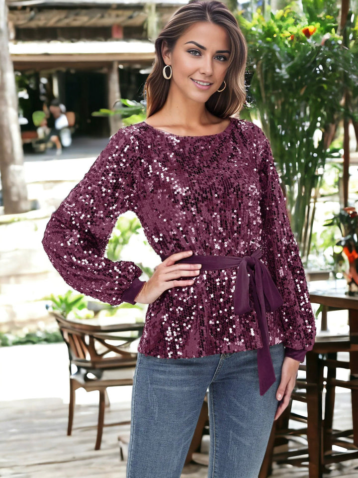 Sequin Party Tie Waist Sweatshirt Pullover Top