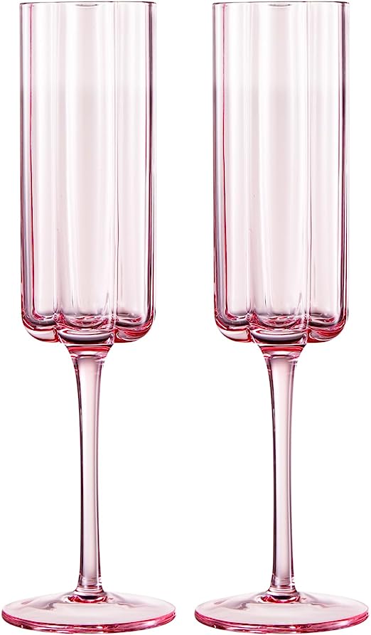 Flower Vintage Champagne Flute Glassware - Set of 2 - 7.4 oz Colorful Cocktail, Martini & Champagne Glasses, Prosecco, Mimosa Glasses Set, Cocktail Glass, Bar Glassware Luster Glasses 9" X 2" (Pink) by The Wine Savant