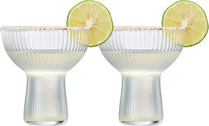 Ribbed Stemless Margarita, Martini & Champagne Glasses with Gold Rim - Set of 2 - Hand Blown Cocktail Luxury Coupe – Large Party, Elegant Ripple Design, Gilded, Premium Hand Blown Glassware (10 OZ) by The Wine Savant