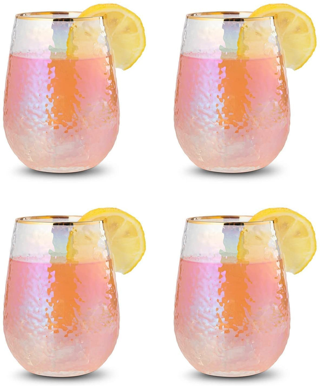 Festive Lustered Iridescent Stemless Wine & Water Glasses - Set of 4-100% Glass 15oz Mouthblown Colorful Glasses - Anniversaries, Birthday Gift, Cocktail Party Radiance - Water, Whiskey, Juice, Gift by The Wine Savant