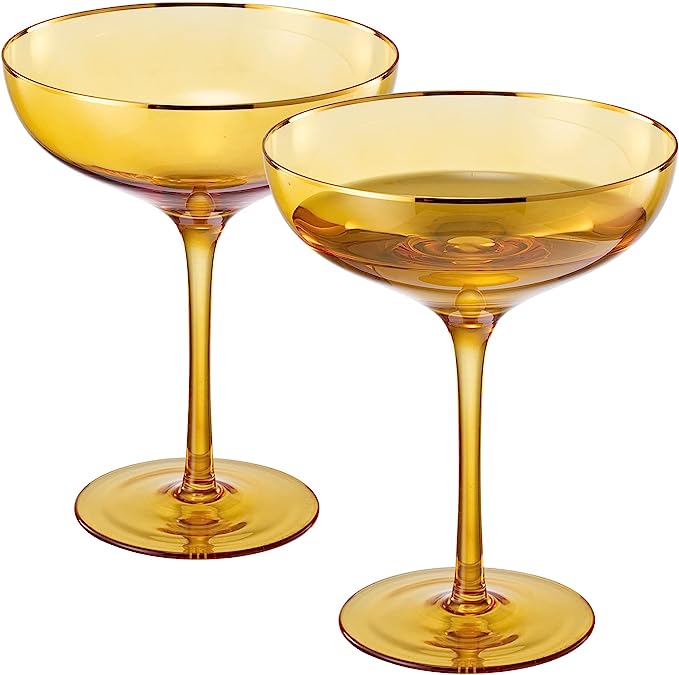 Colored Sunset Yellow & Gilded Rim Coupe Glass, 9oz Cocktail & Champagne Glasses 2-Set Vibrant Color Gold Vintage Tumblers, Margarita, Glassware Gift Idea Gifts for Mom, Him, Wife, Housewarming Coupes by The Wine Savant