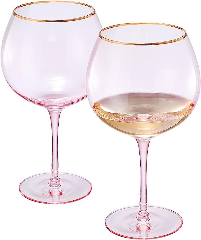 Colored Blush Pink & Gilded Rim Wine Glassware, Large 23oz Cocktail & Champagne Glasses 2-Set Vibrant Color Gold Vintage Stemmed Wine Glass, Gift Idea, Red & White - Perfect Gifts, Gorgeous Gift Box by The Wine Savant