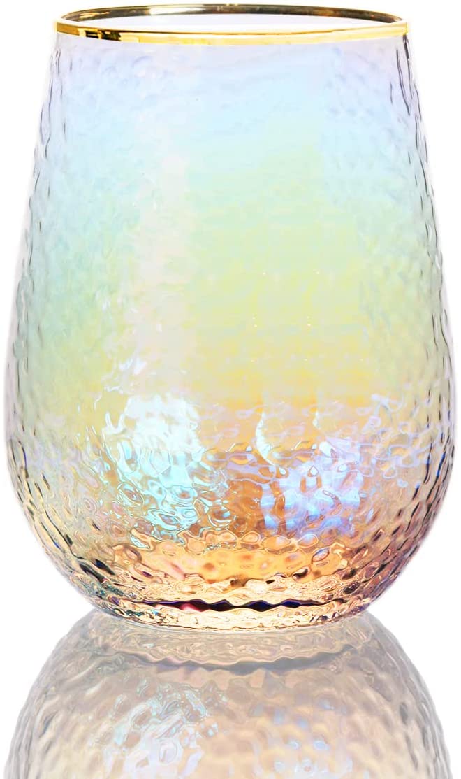 Festive Lustered Iridescent Stemless Wine & Water Glasses - Set of 4-100% Glass 15oz Mouthblown Colorful Glasses - Anniversaries, Birthday Gift, Cocktail Party Radiance - Water, Whiskey, Juice, Gift by The Wine Savant