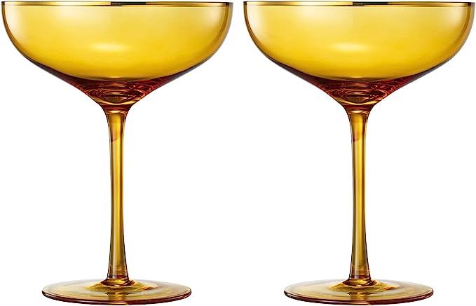 Colored Sunset Yellow & Gilded Rim Coupe Glass, 9oz Cocktail & Champagne Glasses 2-Set Vibrant Color Gold Vintage Tumblers, Margarita, Glassware Gift Idea Gifts for Mom, Him, Wife, Housewarming Coupes by The Wine Savant