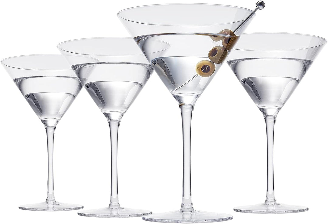 Crystal Martini Glass Set of 4 | 10oz | Classic Luxury Cocktail with Bar Spoon & Olive Picks, Premium Hand-Blown | Classic Cocktail Clear Coupes For Manhattan, Cosmopolitan, Sidecar, Stemmed Goblets by The Wine Savant