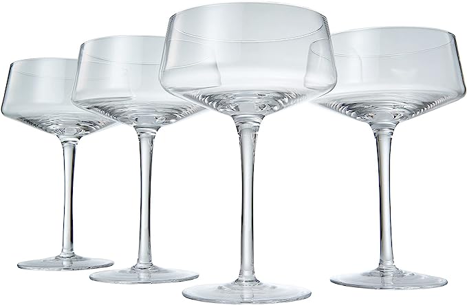 Luxury Martini Glass Set of 4 | 10oz | Crystal Luxury Martini with Silver Spoon, Premium Hand-Blown | Classic Cocktail & Champagne Clear Coupes For Manhattan, Cosmopolitan, Sidecar, Speakeasy Goblets by The Wine Savant